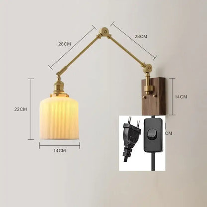 Brass & walnut copper swing arm led wall sconce bedroom light