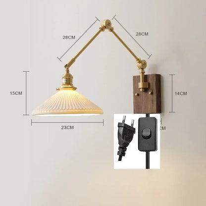 Brass & walnut copper swing arm led wall sconce bedroom light