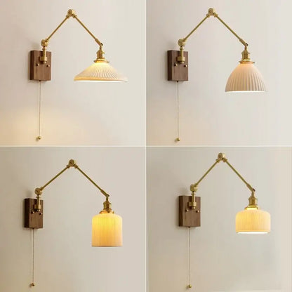 Brass & walnut copper swing arm led wall sconce bedroom light