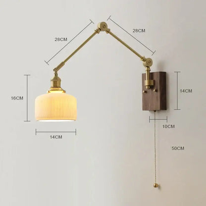 Brass & walnut copper swing arm led wall sconce bedroom light