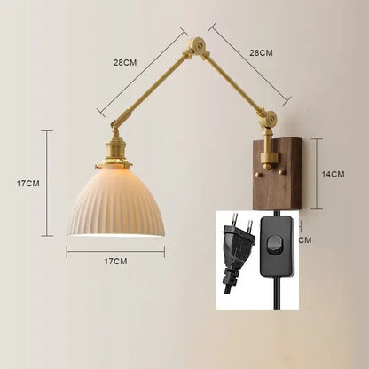 Brass & walnut copper swing arm led wall sconce bedroom light