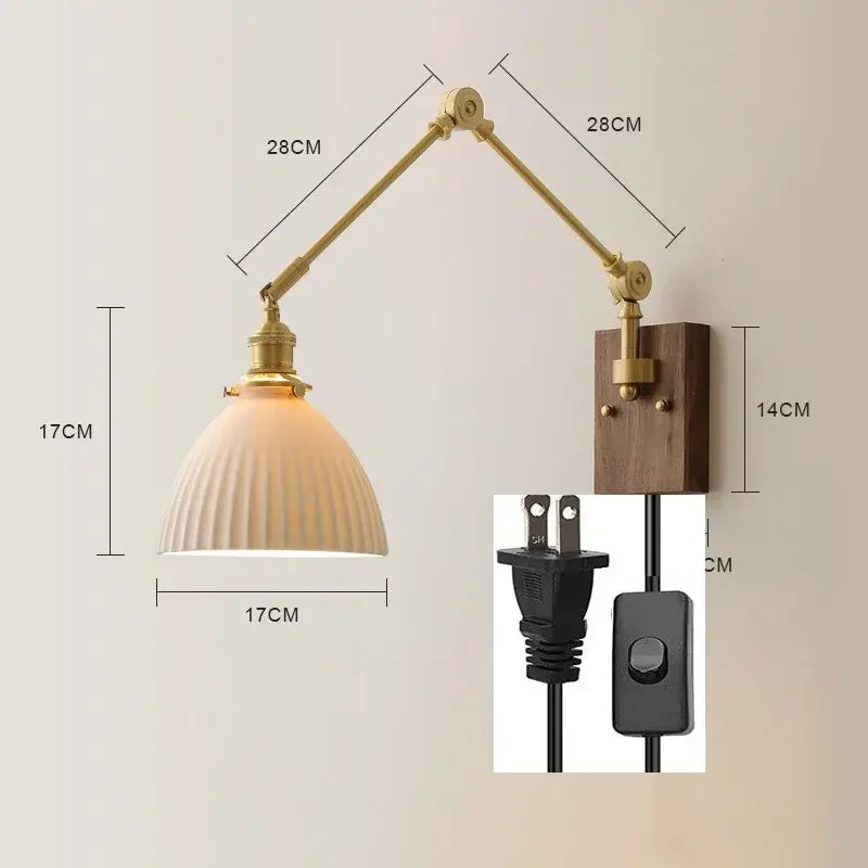 Brass & walnut copper swing arm led wall sconce bedroom light
