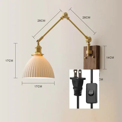 Brass & walnut copper swing arm led wall sconce bedroom light