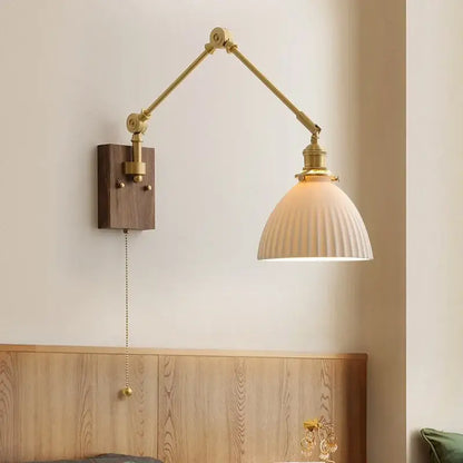 Brass & walnut copper swing arm led wall sconce bedroom light