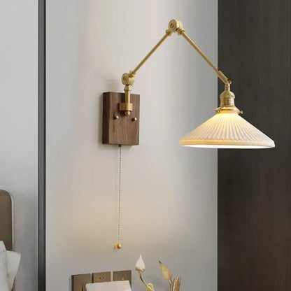 Brass & walnut copper swing arm led wall sconce bedroom light