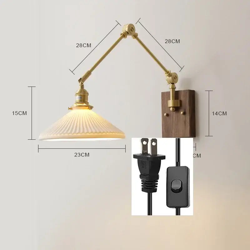 Brass & walnut copper swing arm led wall sconce bedroom light