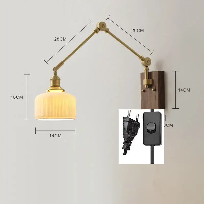Brass & walnut copper swing arm led wall sconce bedroom light
