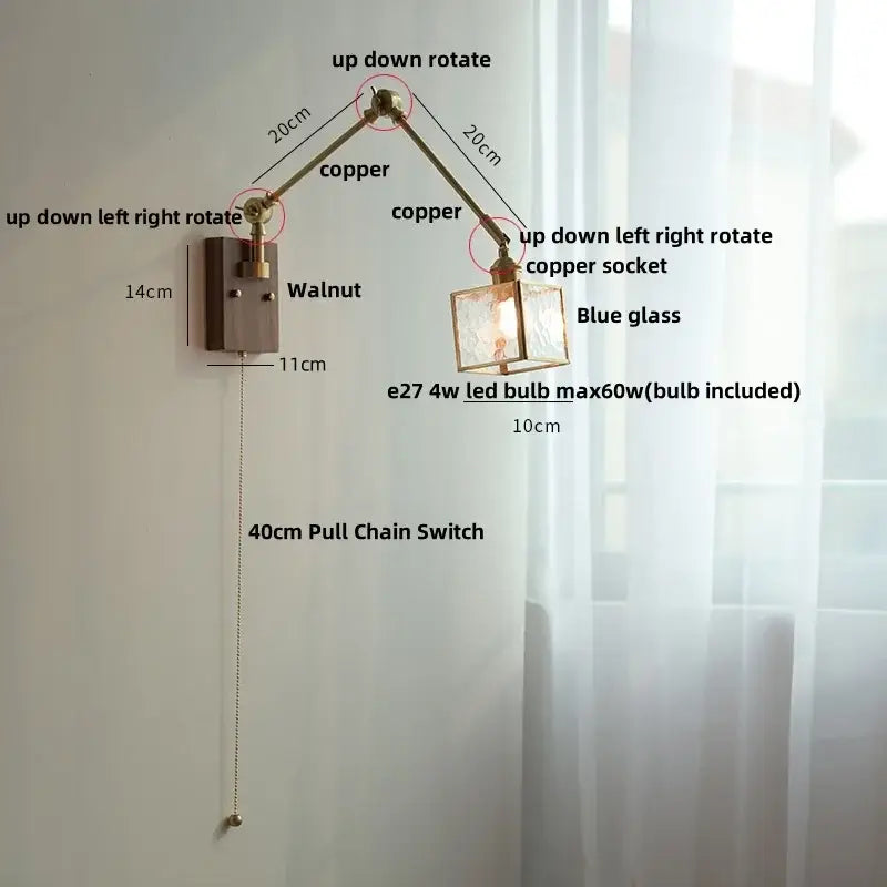 Brass walnut led wall lamp rotatable glass hallway light