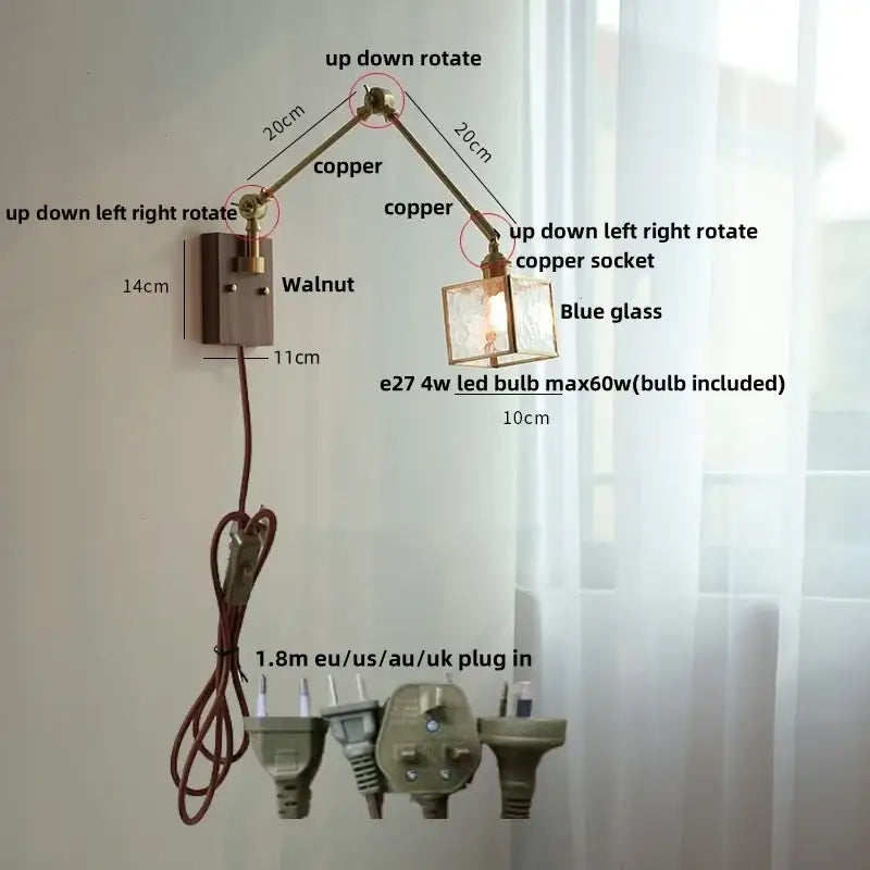 Brass walnut led wall lamp rotatable glass hallway light