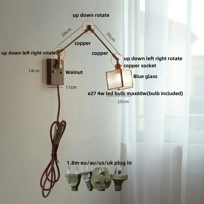 Brass walnut led wall lamp rotatable glass hallway light