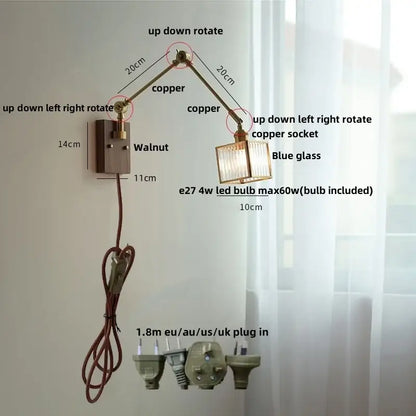 Brass walnut led wall lamp rotatable glass hallway light