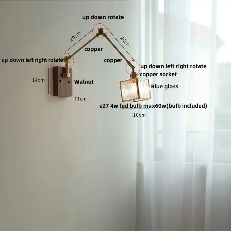 Brass walnut led wall lamp rotatable glass hallway light