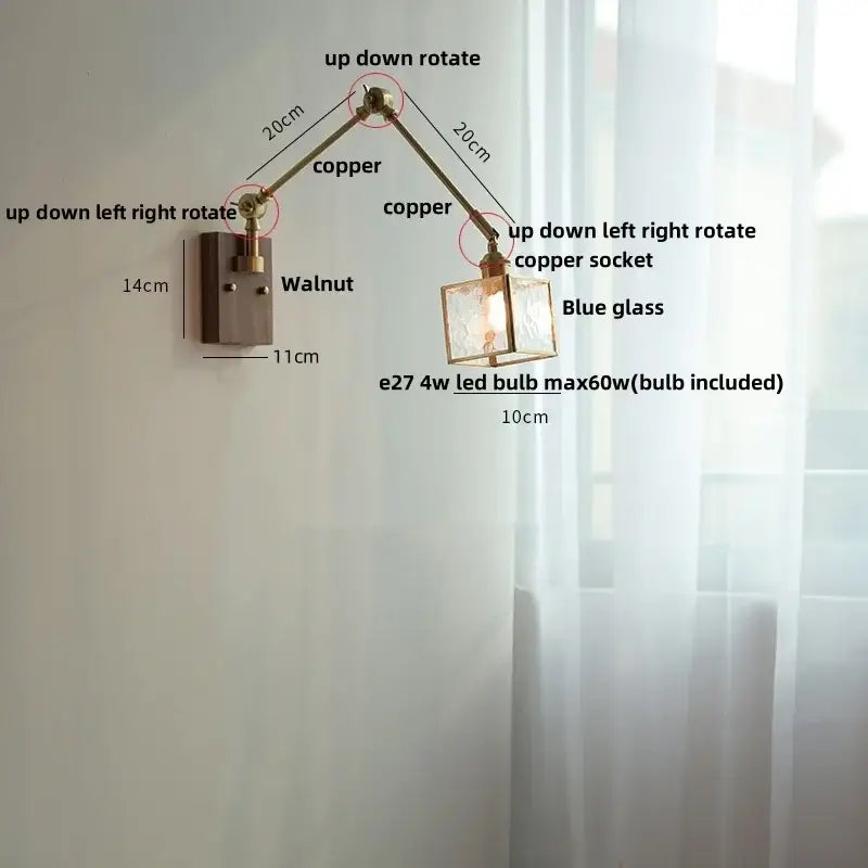 Brass walnut led wall lamp rotatable glass hallway light