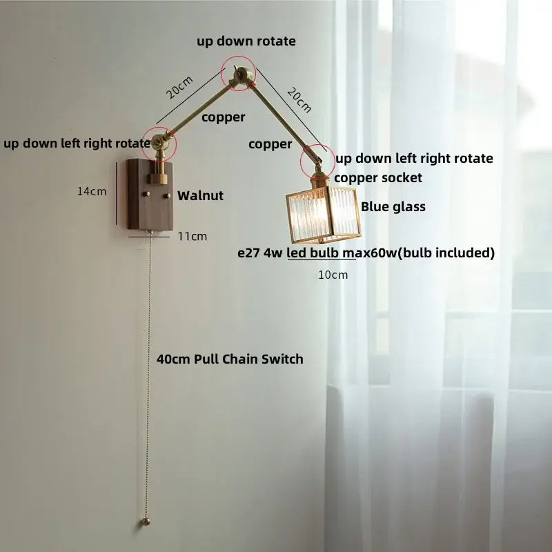 Brass walnut led wall lamp rotatable glass hallway light