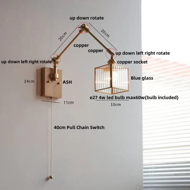 Brass walnut led wall lamp rotatable glass hallway light