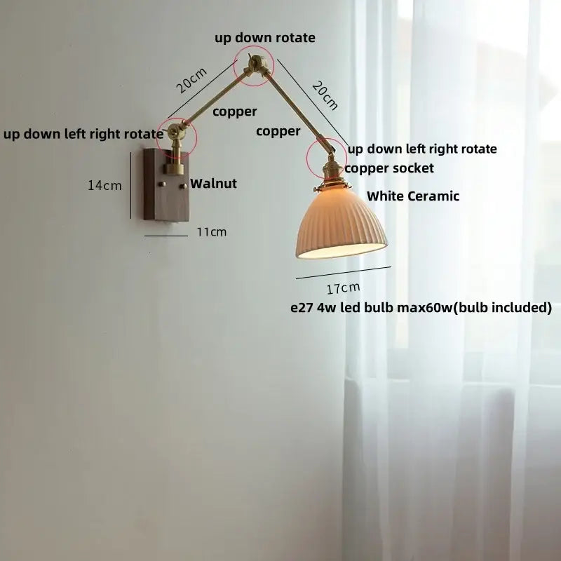 Brass walnut wall light with ribbed glass shade for bedroom