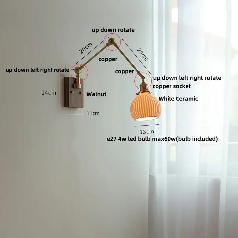 Brass walnut wall light with ribbed glass shade for bedroom
