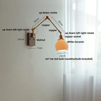 Brass walnut wall light with ribbed glass shade for bedroom