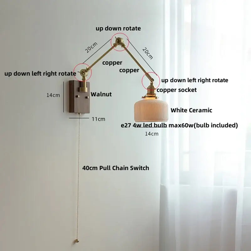 Brass walnut wall light with ribbed glass shade for bedroom