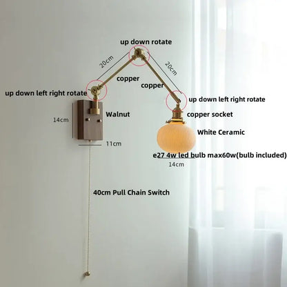 Brass walnut wall light with ribbed glass shade for bedroom
