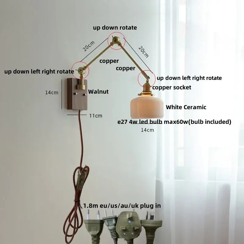 Brass walnut wall light with ribbed glass shade for bedroom