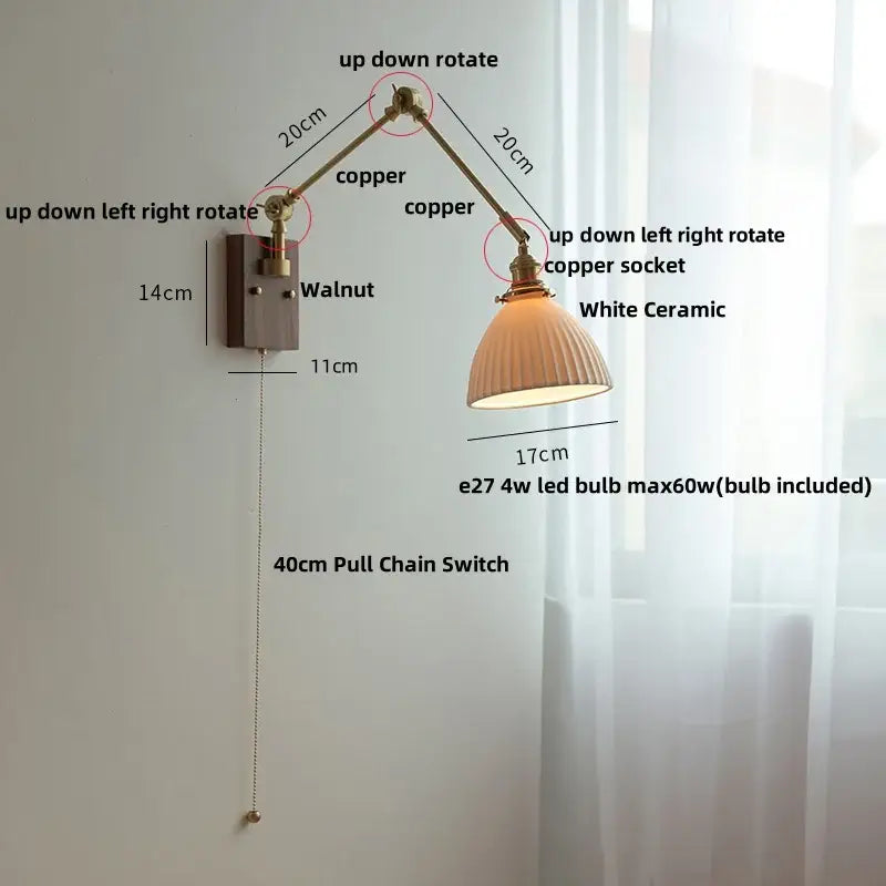 Brass walnut wall light with ribbed glass shade for bedroom