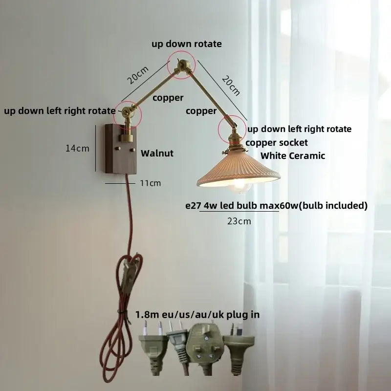 Brass walnut wall light with ribbed glass shade for bedroom