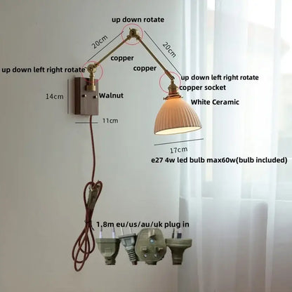 Brass walnut wall light with ribbed glass shade for bedroom