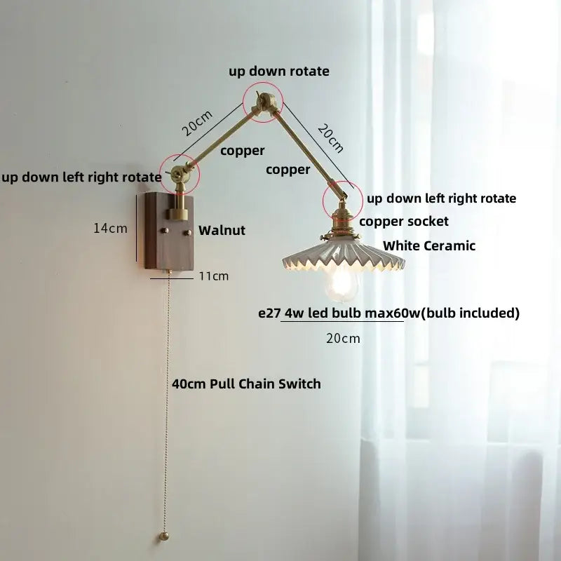Brass walnut wall light with ribbed glass shade for bedroom