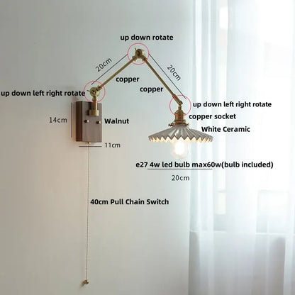 Brass walnut wall light with ribbed glass shade for bedroom