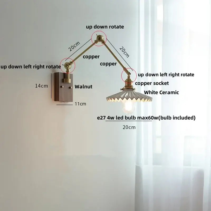 Brass walnut wall light with ribbed glass shade for bedroom