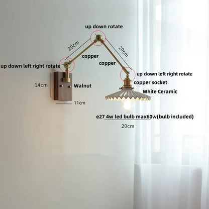 Brass walnut wall light with ribbed glass shade for bedroom