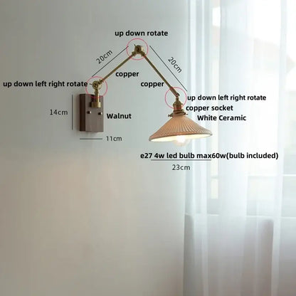 Brass walnut wall light with ribbed glass shade for bedroom