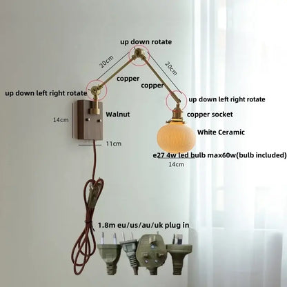 Brass walnut wall light with ribbed glass shade for bedroom