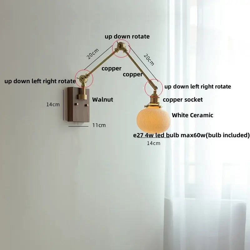 Brass walnut wall light with ribbed glass shade for bedroom