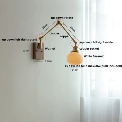 Brass walnut wall light with ribbed glass shade for bedroom