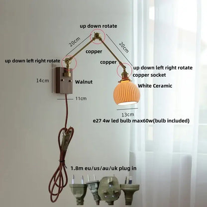 Brass walnut wall light with ribbed glass shade for bedroom