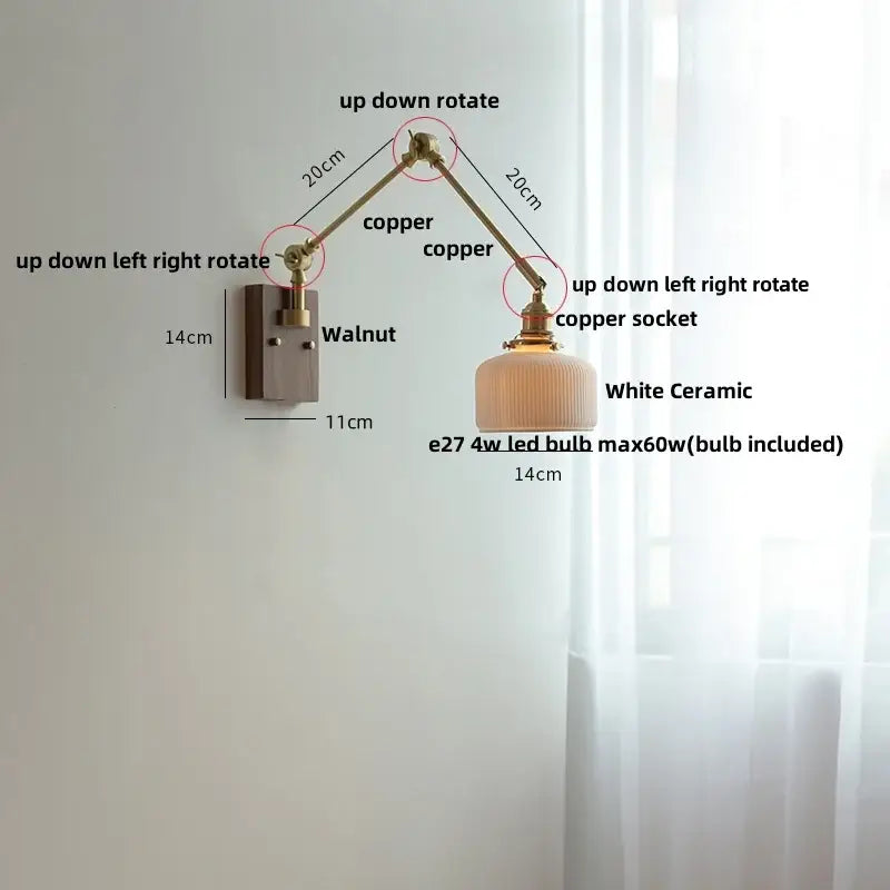 Brass walnut wall light with ribbed glass shade for bedroom