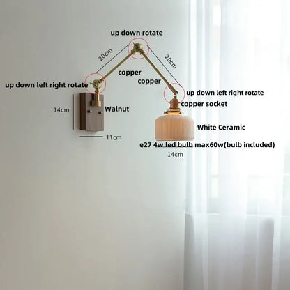 Brass walnut wall light with ribbed glass shade for bedroom
