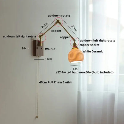 Brass walnut wall light with ribbed glass shade for bedroom