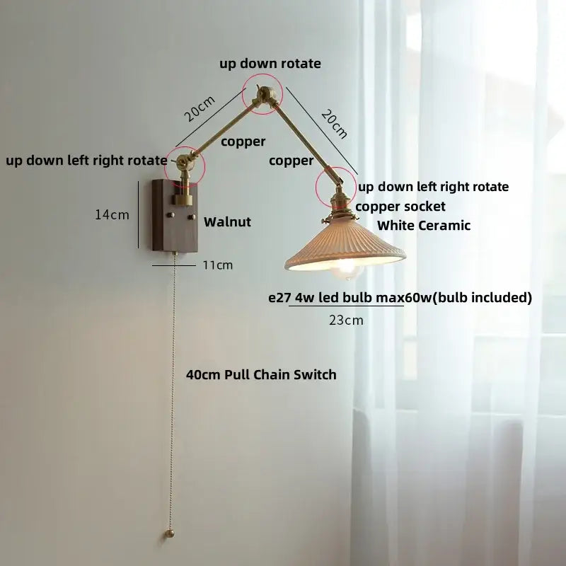 Brass walnut wall light with ribbed glass shade for bedroom