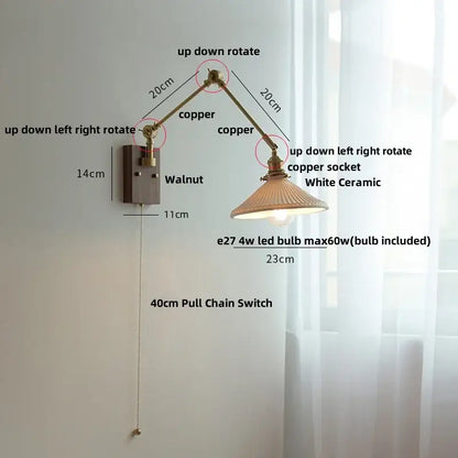 Brass walnut wall light with ribbed glass shade for bedroom