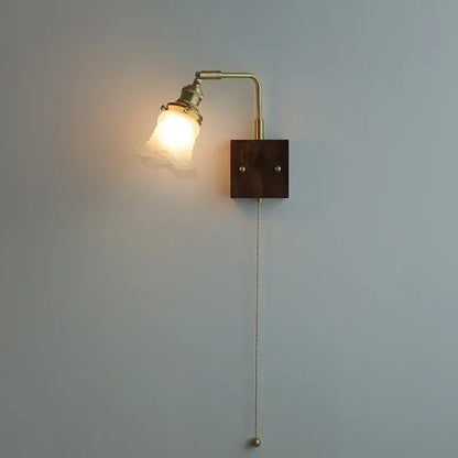Brass walnut wood wall sconce bedroom flower glass light