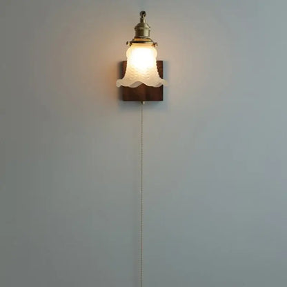Brass walnut wood wall sconce bedroom flower glass light