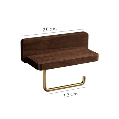 Brass & wood toilet roll holder with shelf bathroom stand