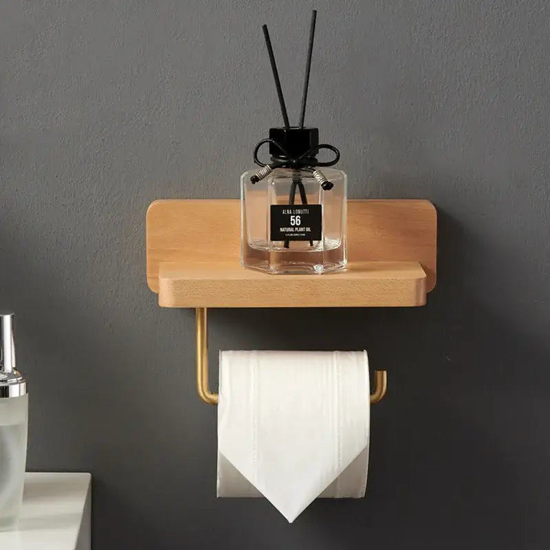 Brass & wood toilet roll holder with shelf bathroom stand