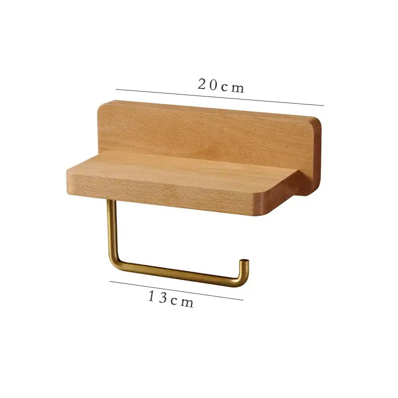 Brass & wood toilet roll holder with shelf bathroom stand