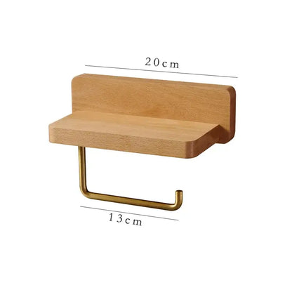 Brass & wood toilet roll holder with shelf bathroom stand