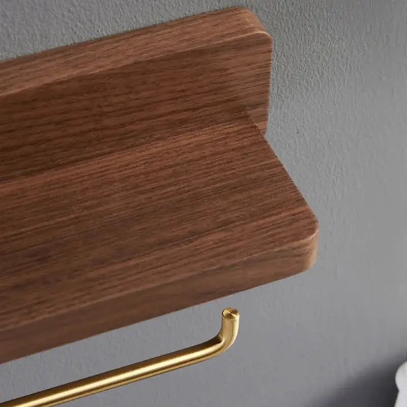 Brass & wood toilet roll holder with shelf bathroom stand