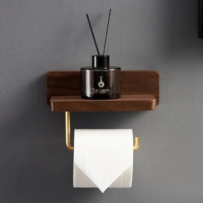 Brass & wood toilet roll holder with shelf bathroom stand
